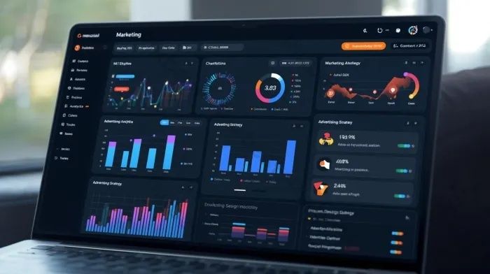 Laptop met kleurrijk dashboard voor webanalyse en marketingstatistieken